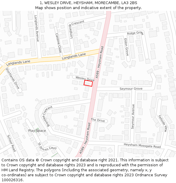 1, WESLEY DRIVE, HEYSHAM, MORECAMBE, LA3 2BS: Location map and indicative extent of plot