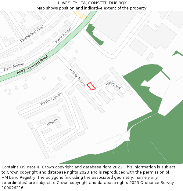 1, WESLEY LEA, CONSETT, DH8 9QX: Location map and indicative extent of plot