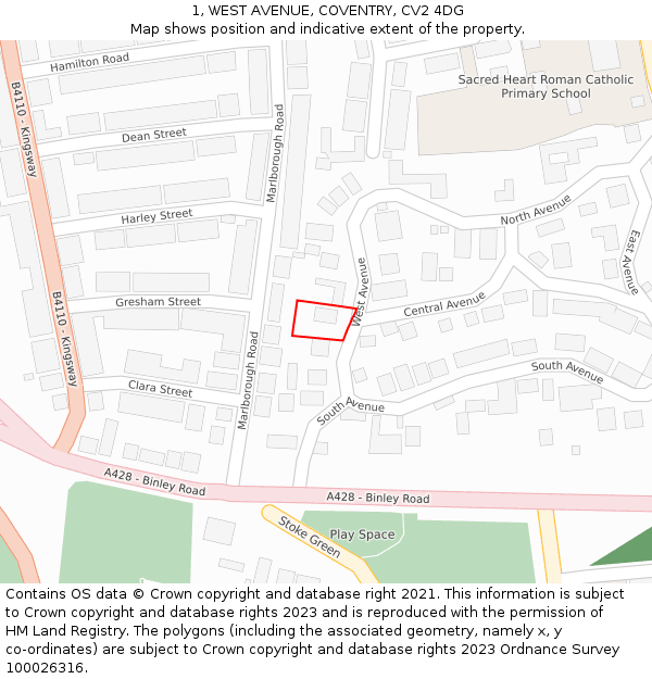 1, WEST AVENUE, COVENTRY, CV2 4DG: Location map and indicative extent of plot