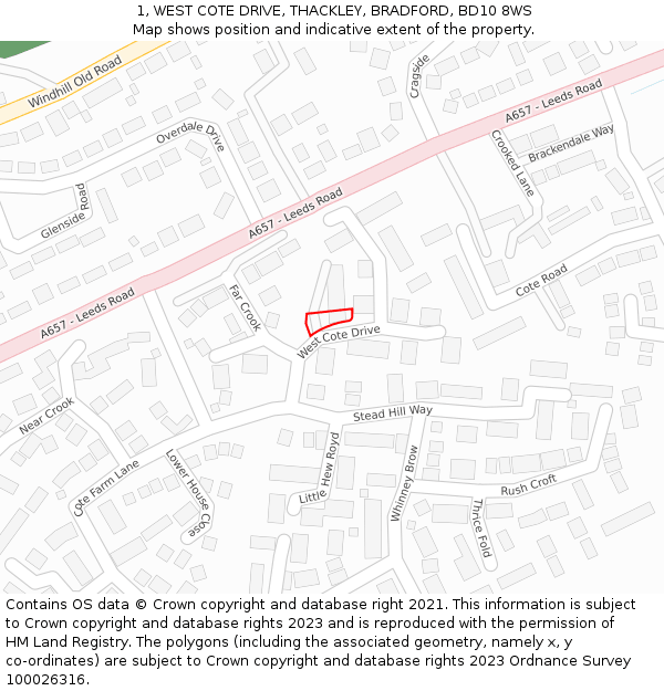 1, WEST COTE DRIVE, THACKLEY, BRADFORD, BD10 8WS: Location map and indicative extent of plot