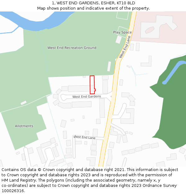 1, WEST END GARDENS, ESHER, KT10 8LD: Location map and indicative extent of plot