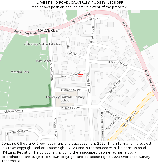 1, WEST END ROAD, CALVERLEY, PUDSEY, LS28 5PF: Location map and indicative extent of plot