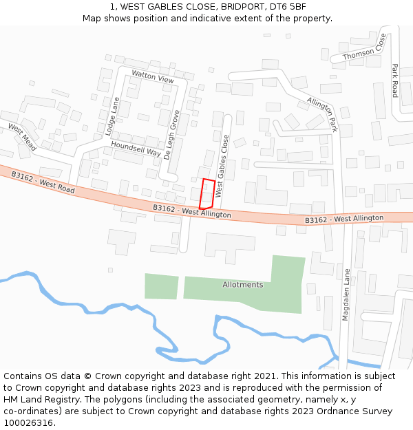 1, WEST GABLES CLOSE, BRIDPORT, DT6 5BF: Location map and indicative extent of plot