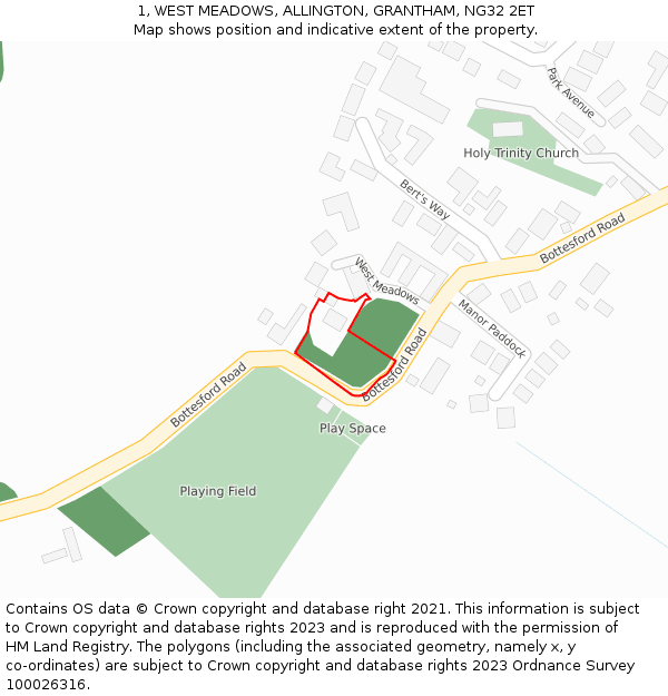 1, WEST MEADOWS, ALLINGTON, GRANTHAM, NG32 2ET: Location map and indicative extent of plot