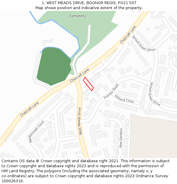 1, WEST MEADS DRIVE, BOGNOR REGIS, PO21 5ST: Location map and indicative extent of plot