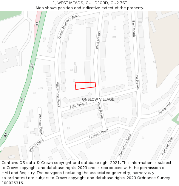 1, WEST MEADS, GUILDFORD, GU2 7ST: Location map and indicative extent of plot