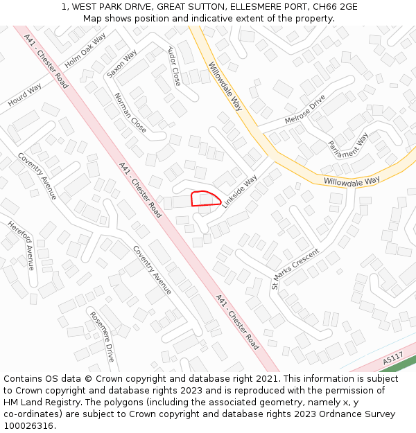 1, WEST PARK DRIVE, GREAT SUTTON, ELLESMERE PORT, CH66 2GE: Location map and indicative extent of plot