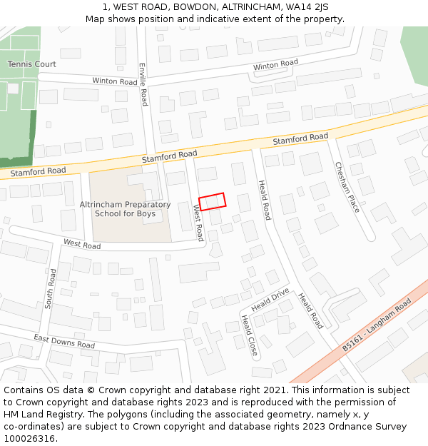 1, WEST ROAD, BOWDON, ALTRINCHAM, WA14 2JS: Location map and indicative extent of plot