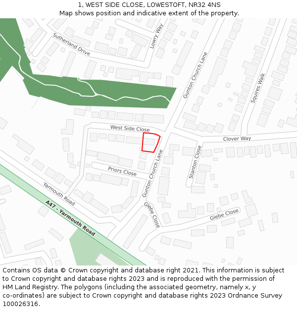 1, WEST SIDE CLOSE, LOWESTOFT, NR32 4NS: Location map and indicative extent of plot