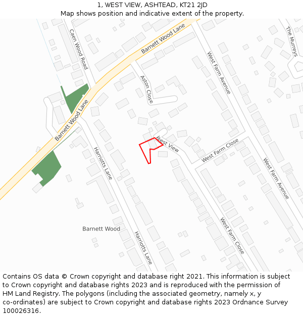 1, WEST VIEW, ASHTEAD, KT21 2JD: Location map and indicative extent of plot