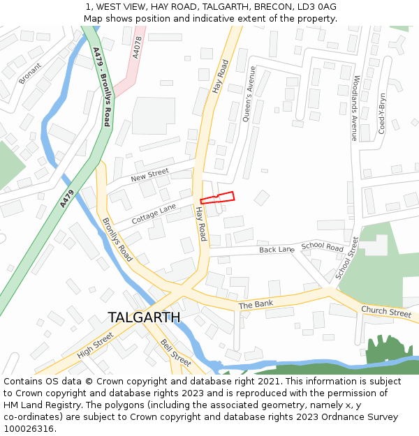 1, WEST VIEW, HAY ROAD, TALGARTH, BRECON, LD3 0AG: Location map and indicative extent of plot