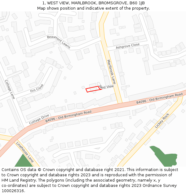 1, WEST VIEW, MARLBROOK, BROMSGROVE, B60 1JB: Location map and indicative extent of plot