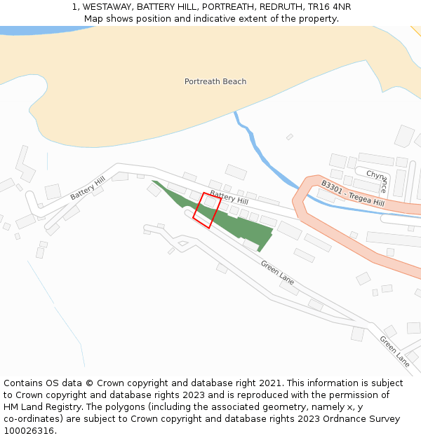 1, WESTAWAY, BATTERY HILL, PORTREATH, REDRUTH, TR16 4NR: Location map and indicative extent of plot
