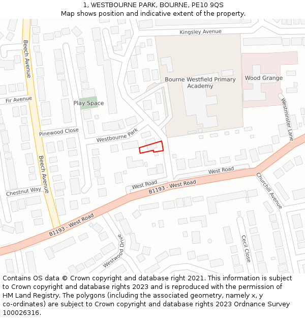 1, WESTBOURNE PARK, BOURNE, PE10 9QS: Location map and indicative extent of plot