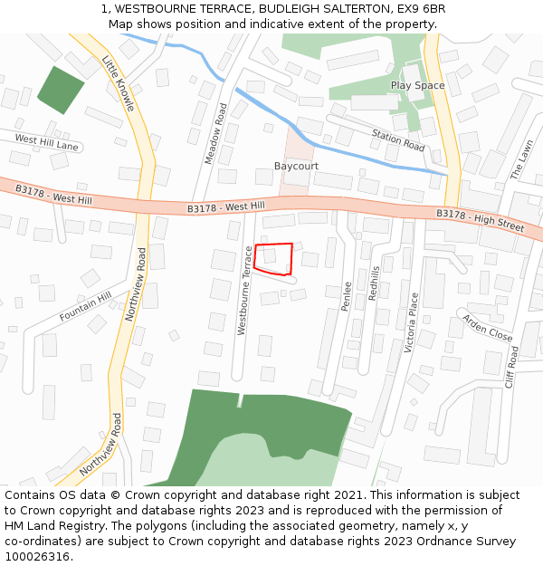 1, WESTBOURNE TERRACE, BUDLEIGH SALTERTON, EX9 6BR: Location map and indicative extent of plot