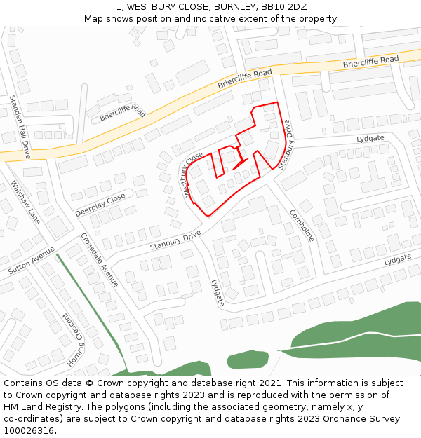 1, WESTBURY CLOSE, BURNLEY, BB10 2DZ: Location map and indicative extent of plot