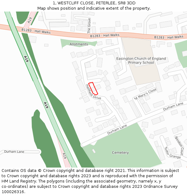 1, WESTCLIFF CLOSE, PETERLEE, SR8 3DD: Location map and indicative extent of plot