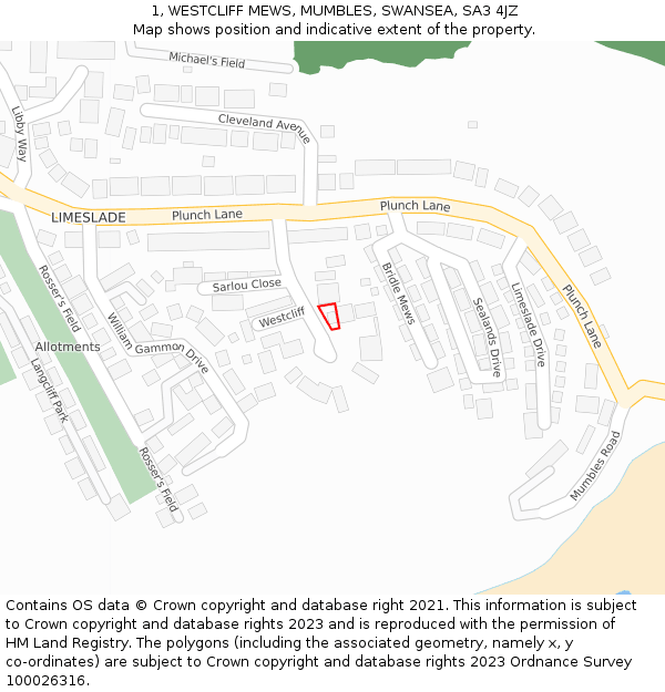 1, WESTCLIFF MEWS, MUMBLES, SWANSEA, SA3 4JZ: Location map and indicative extent of plot
