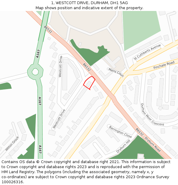 1, WESTCOTT DRIVE, DURHAM, DH1 5AG: Location map and indicative extent of plot