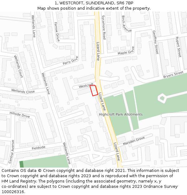 1, WESTCROFT, SUNDERLAND, SR6 7BP: Location map and indicative extent of plot