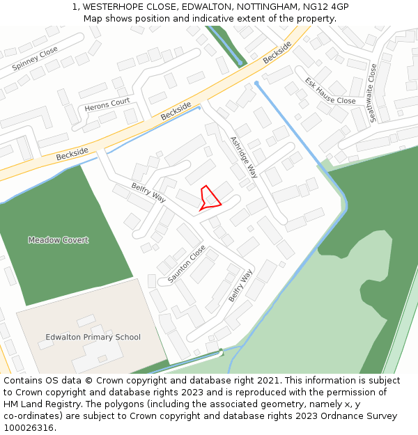 1, WESTERHOPE CLOSE, EDWALTON, NOTTINGHAM, NG12 4GP: Location map and indicative extent of plot