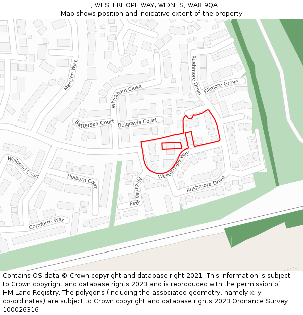 1, WESTERHOPE WAY, WIDNES, WA8 9QA: Location map and indicative extent of plot