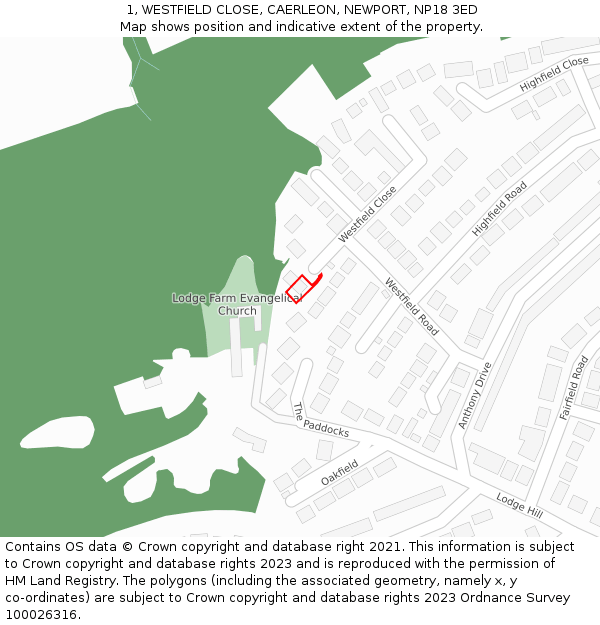 1, WESTFIELD CLOSE, CAERLEON, NEWPORT, NP18 3ED: Location map and indicative extent of plot
