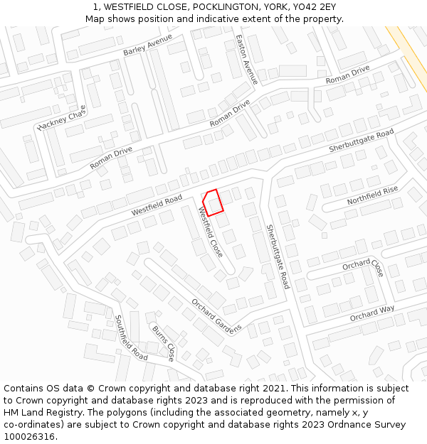 1, WESTFIELD CLOSE, POCKLINGTON, YORK, YO42 2EY: Location map and indicative extent of plot