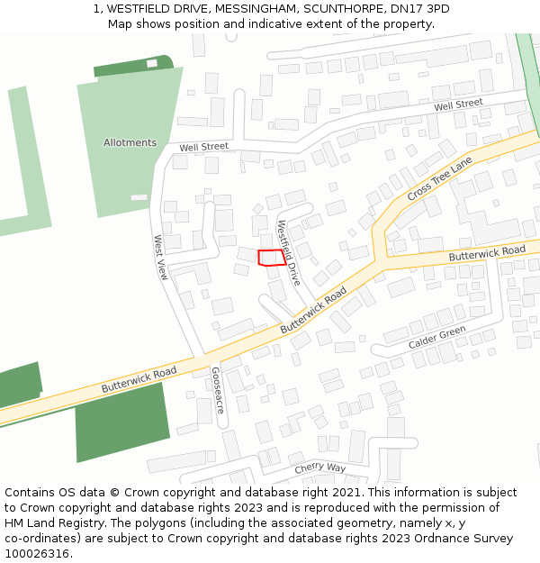 1, WESTFIELD DRIVE, MESSINGHAM, SCUNTHORPE, DN17 3PD: Location map and indicative extent of plot