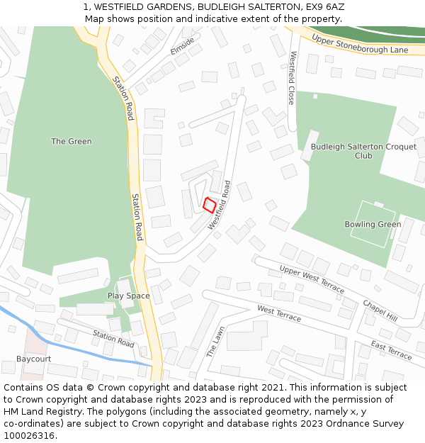 1, WESTFIELD GARDENS, BUDLEIGH SALTERTON, EX9 6AZ: Location map and indicative extent of plot