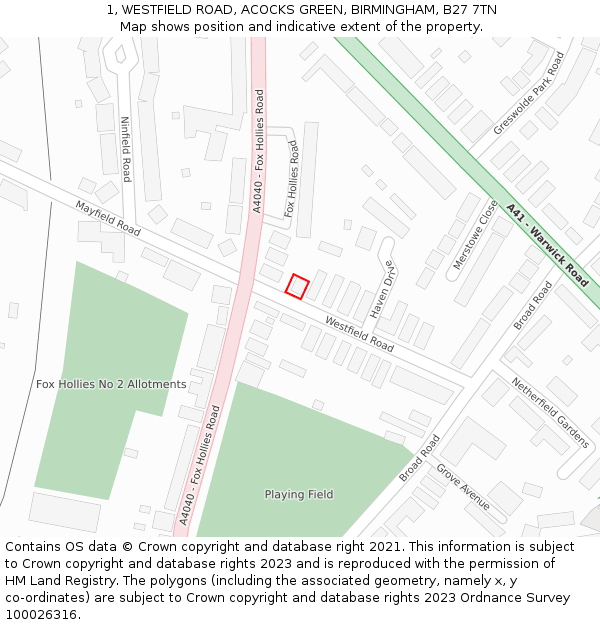 1, WESTFIELD ROAD, ACOCKS GREEN, BIRMINGHAM, B27 7TN: Location map and indicative extent of plot