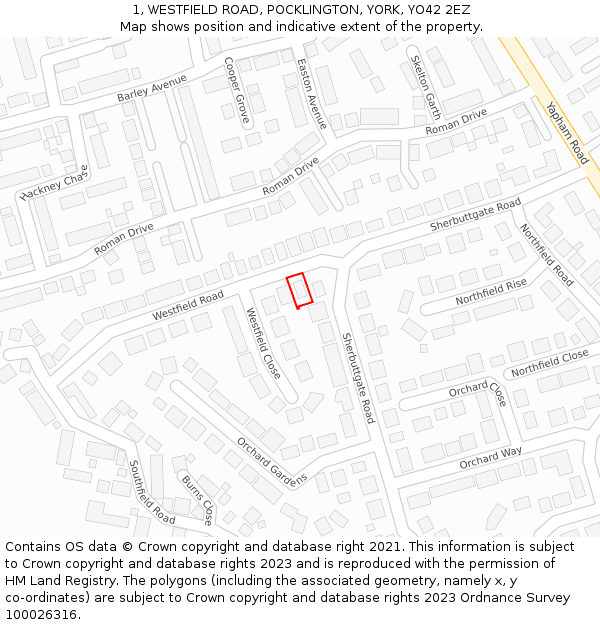 1, WESTFIELD ROAD, POCKLINGTON, YORK, YO42 2EZ: Location map and indicative extent of plot