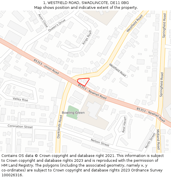 1, WESTFIELD ROAD, SWADLINCOTE, DE11 0BG: Location map and indicative extent of plot