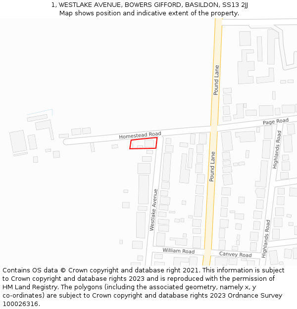 1, WESTLAKE AVENUE, BOWERS GIFFORD, BASILDON, SS13 2JJ: Location map and indicative extent of plot