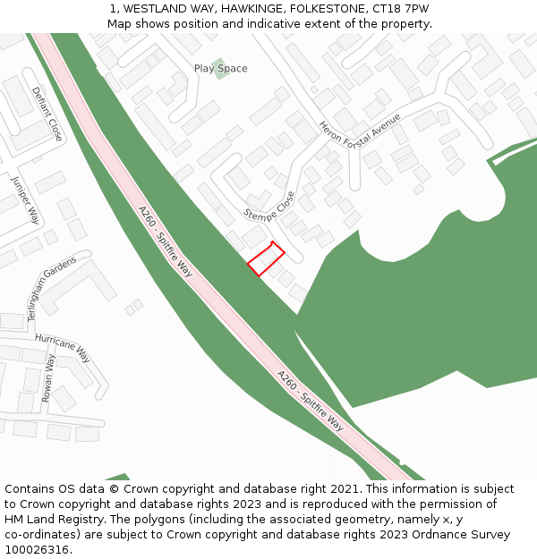 1, WESTLAND WAY, HAWKINGE, FOLKESTONE, CT18 7PW: Location map and indicative extent of plot