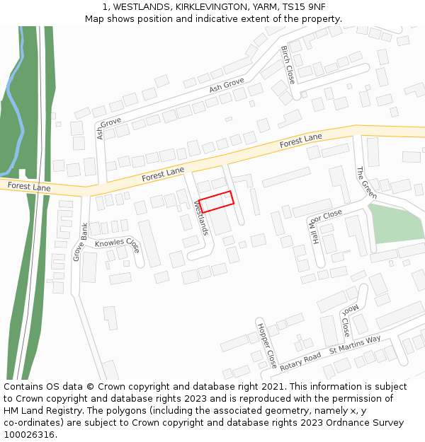 1, WESTLANDS, KIRKLEVINGTON, YARM, TS15 9NF: Location map and indicative extent of plot