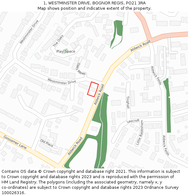 1, WESTMINSTER DRIVE, BOGNOR REGIS, PO21 3RA: Location map and indicative extent of plot