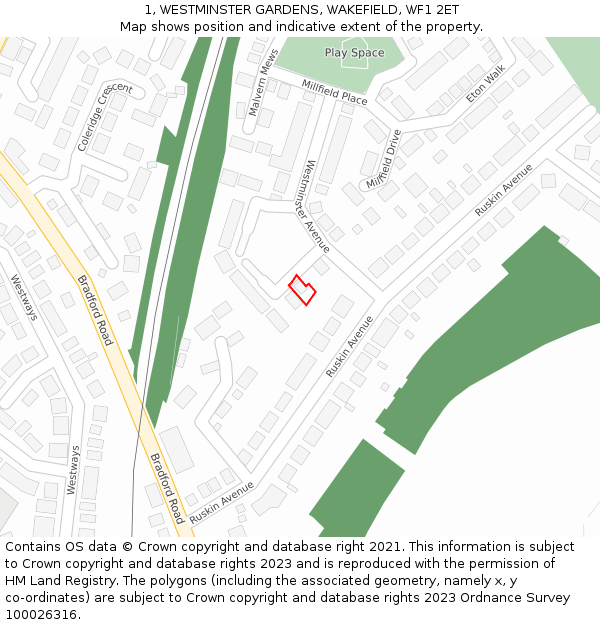 1, WESTMINSTER GARDENS, WAKEFIELD, WF1 2ET: Location map and indicative extent of plot