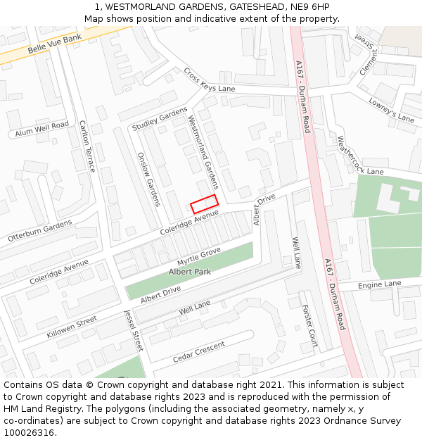 1, WESTMORLAND GARDENS, GATESHEAD, NE9 6HP: Location map and indicative extent of plot