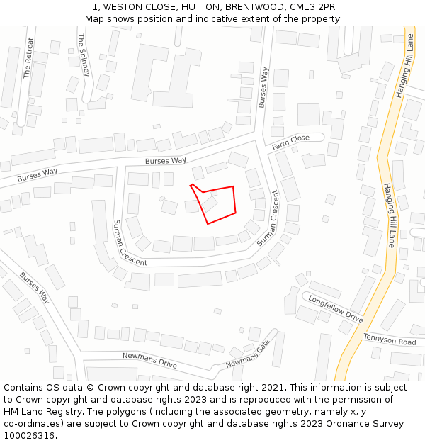 1, WESTON CLOSE, HUTTON, BRENTWOOD, CM13 2PR: Location map and indicative extent of plot