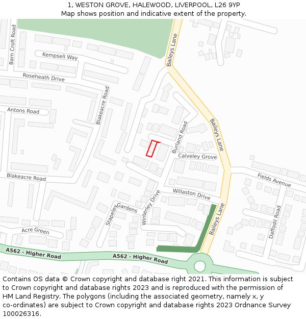 1, WESTON GROVE, HALEWOOD, LIVERPOOL, L26 9YP: Location map and indicative extent of plot