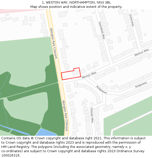 1, WESTON WAY, NORTHAMPTON, NN3 3BL: Location map and indicative extent of plot