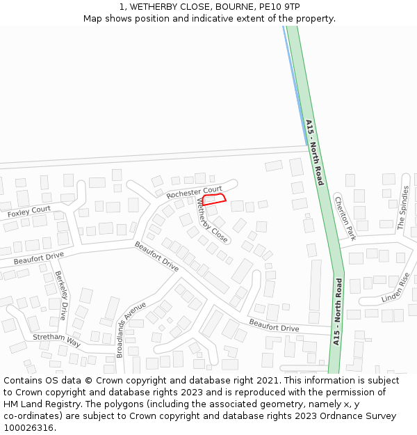 1, WETHERBY CLOSE, BOURNE, PE10 9TP: Location map and indicative extent of plot