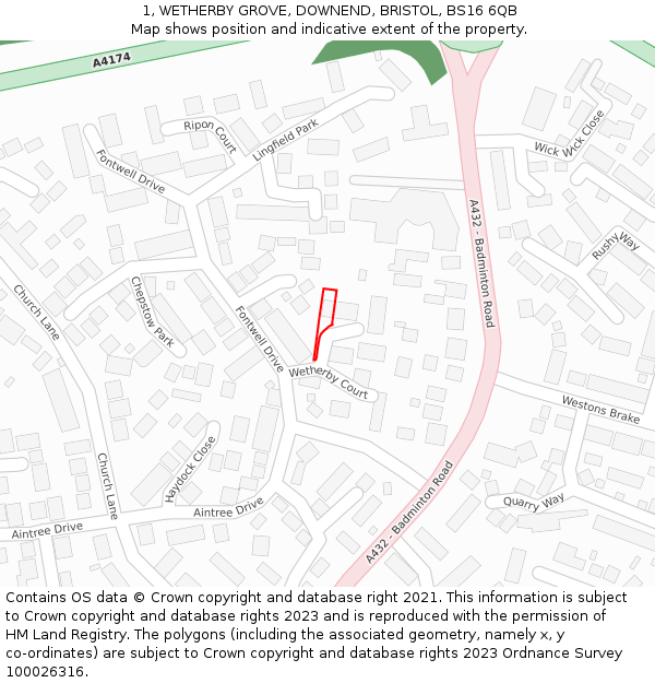 1, WETHERBY GROVE, DOWNEND, BRISTOL, BS16 6QB: Location map and indicative extent of plot