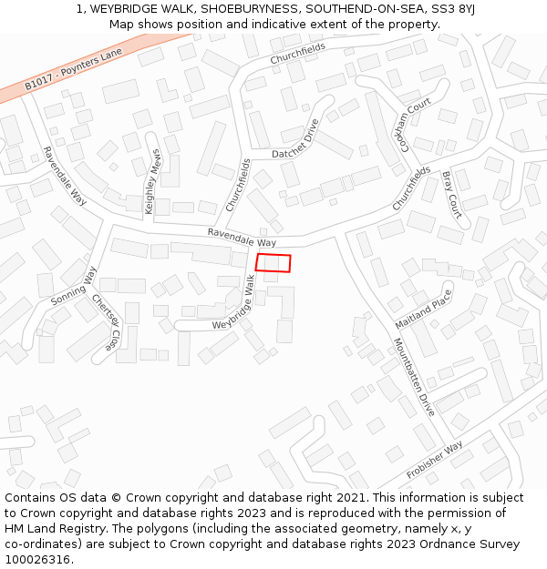 1, WEYBRIDGE WALK, SHOEBURYNESS, SOUTHEND-ON-SEA, SS3 8YJ: Location map and indicative extent of plot