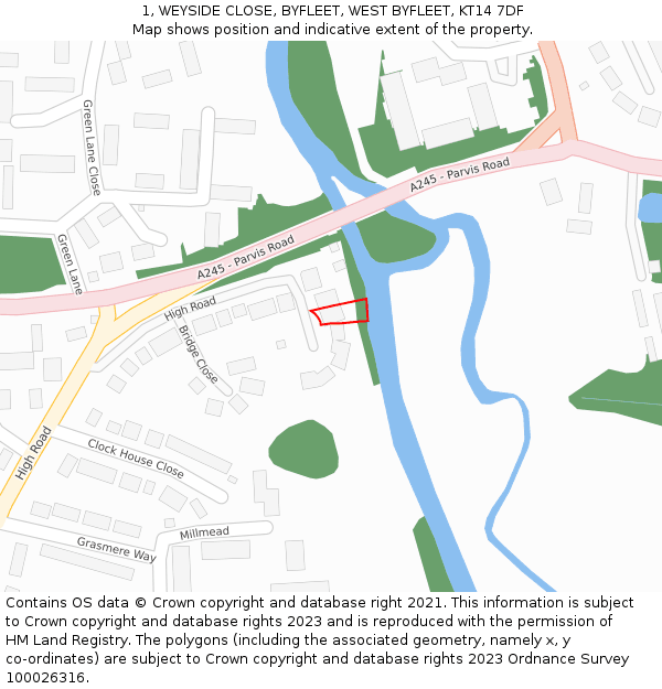 1, WEYSIDE CLOSE, BYFLEET, WEST BYFLEET, KT14 7DF: Location map and indicative extent of plot