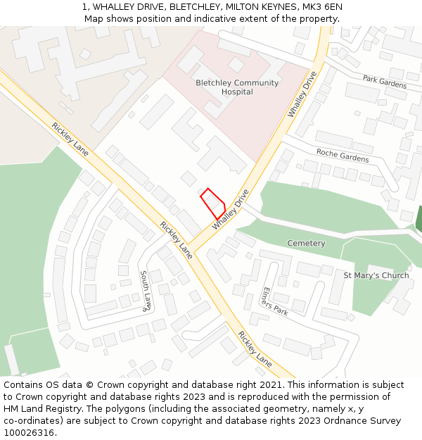 1, WHALLEY DRIVE, BLETCHLEY, MILTON KEYNES, MK3 6EN: Location map and indicative extent of plot