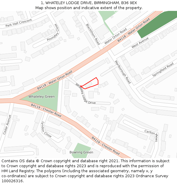 1, WHATELEY LODGE DRIVE, BIRMINGHAM, B36 9EX: Location map and indicative extent of plot