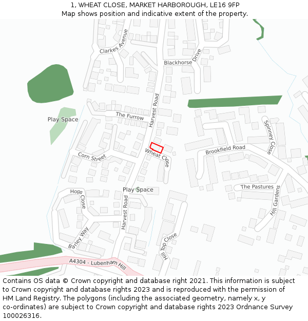1, WHEAT CLOSE, MARKET HARBOROUGH, LE16 9FP: Location map and indicative extent of plot