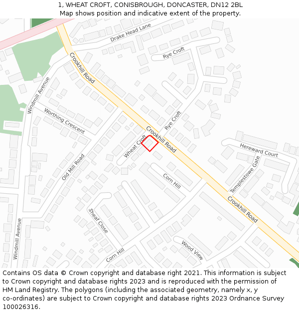 1, WHEAT CROFT, CONISBROUGH, DONCASTER, DN12 2BL: Location map and indicative extent of plot